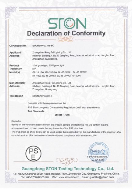 中国 Zhongshan Rong Fei Lighting Co., Ltd 認証